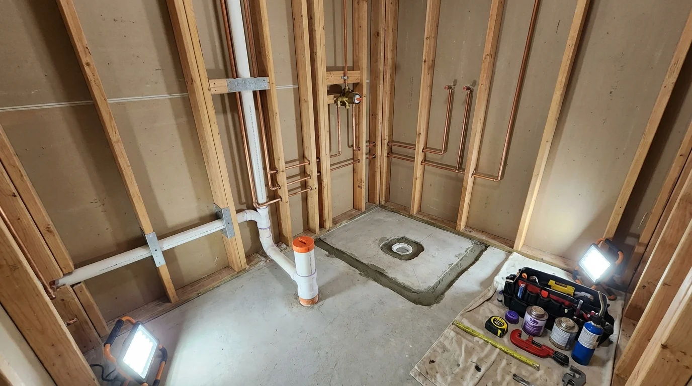 Bathroom rough-in plumbing during remodel by Johns Plumbing LLC in Groesbeck