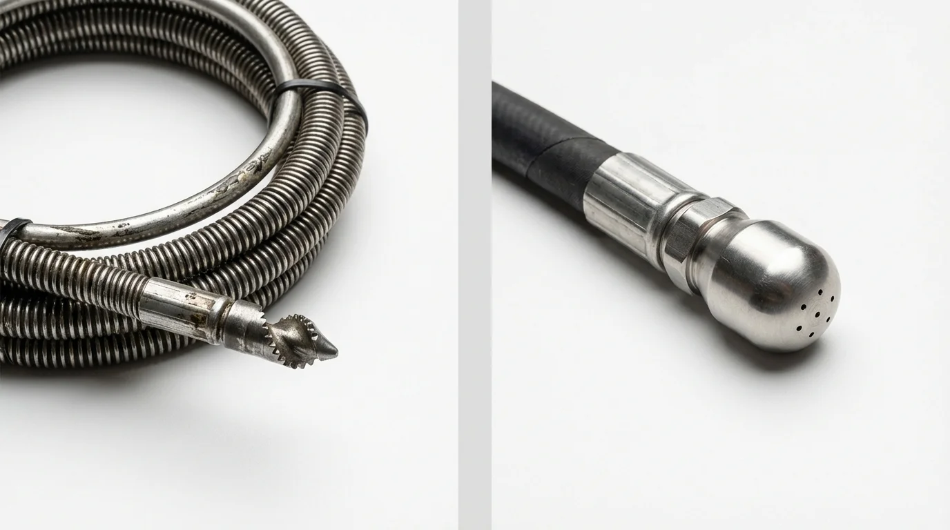 Drain snake cable and hydro jetting nozzle used for drain cleaning in Groesbeck, TX