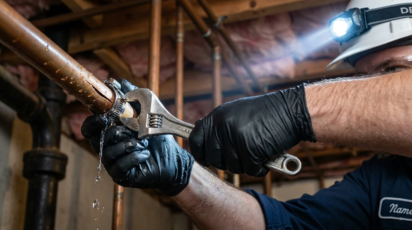 Emergency pipe clamp repair being performed by a Johns Plumbing LLC plumber in Groesbeck