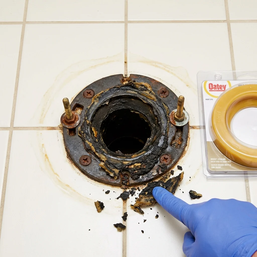 Failed wax ring showing water seepage at the base of a toilet in a Groesbeck, TX home