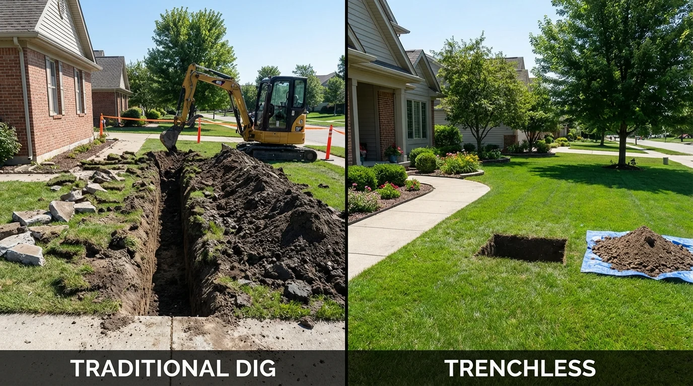Trenchless sewer repair with minimal yard damage versus traditional excavation in Groesbeck, TX